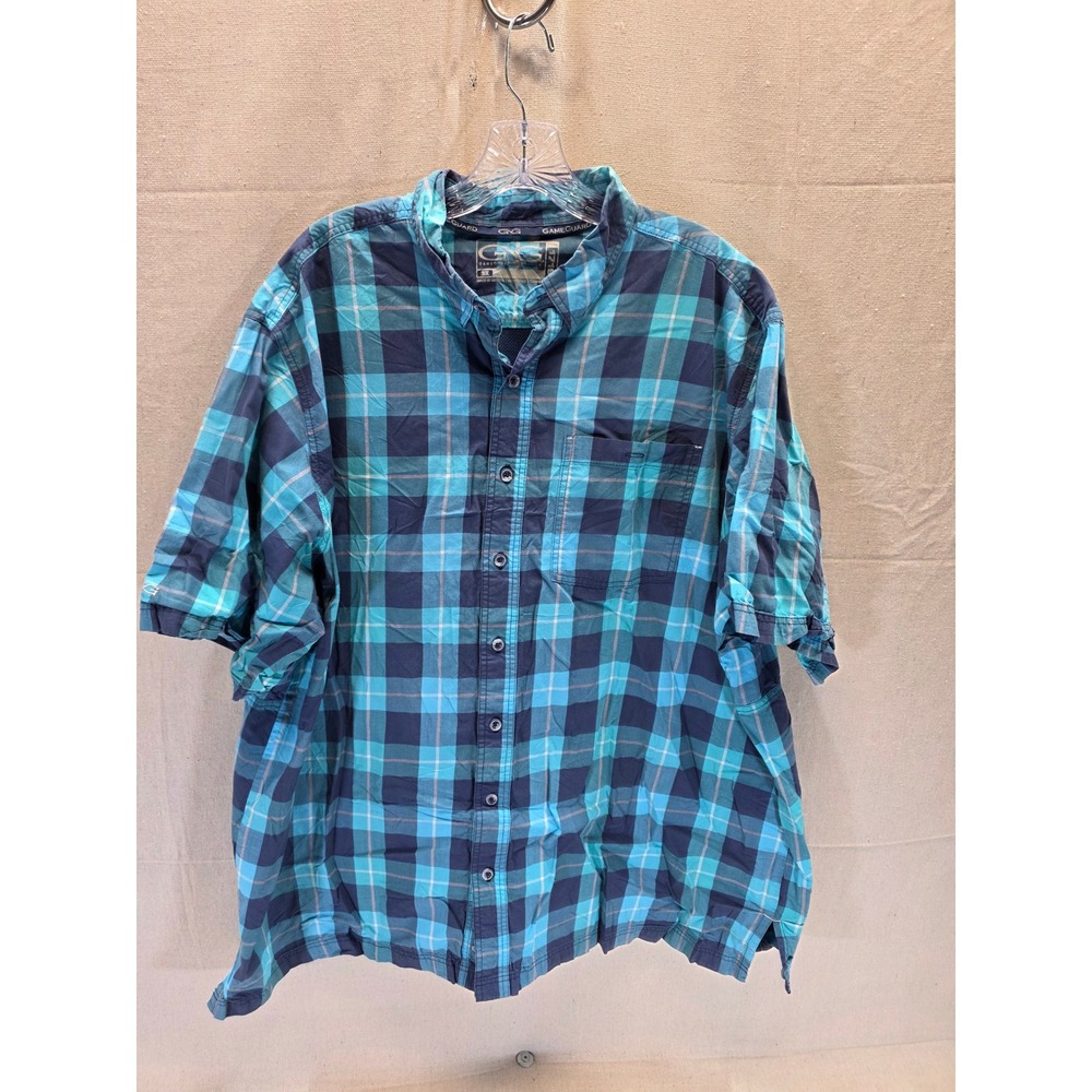 GameGuard Outdoors Mens 3X Teal Navy Plaid Short‎ Sleeve Button Up Fishing Shirt